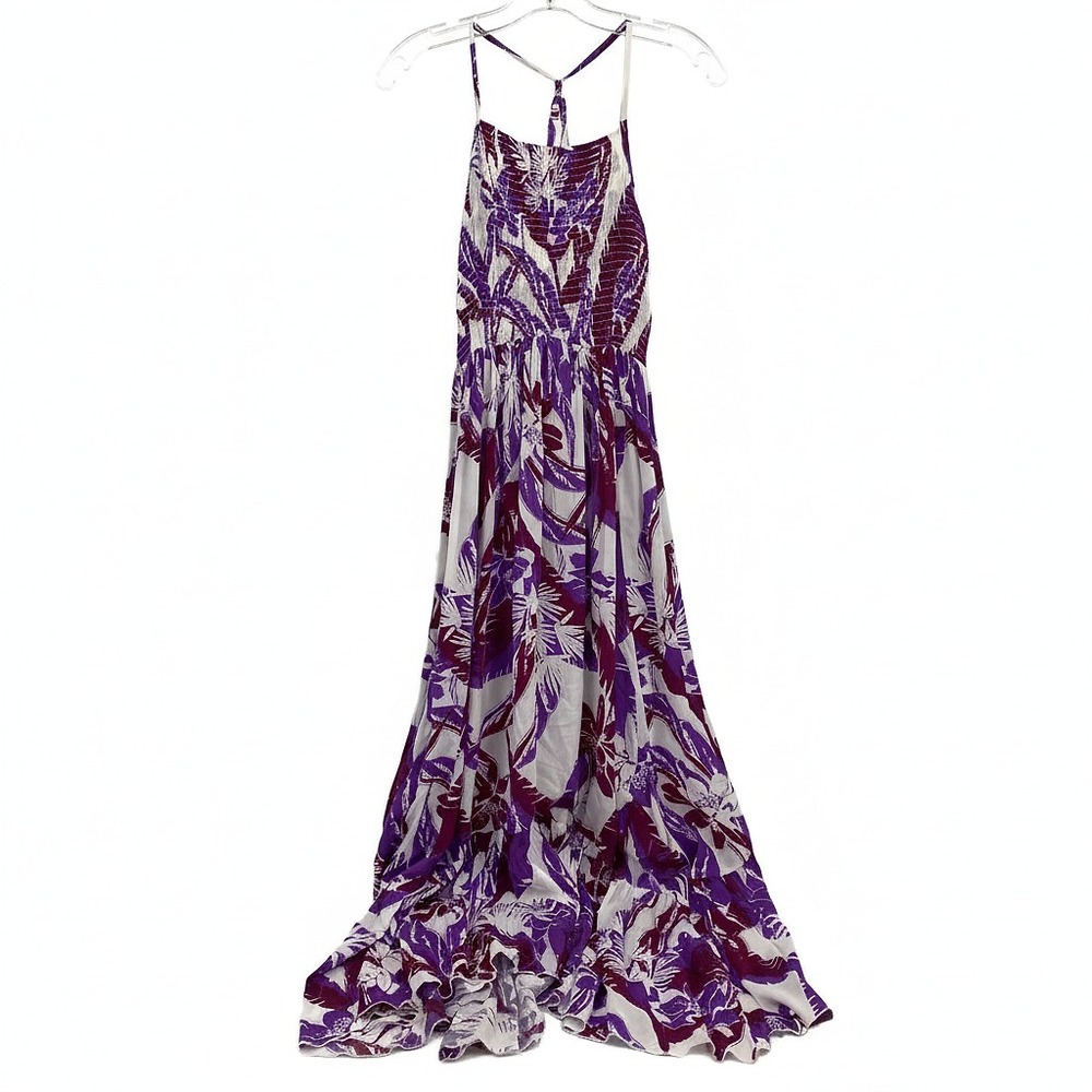 Free People Purple White Floral Pattern Shirred Top Maxi Dress
